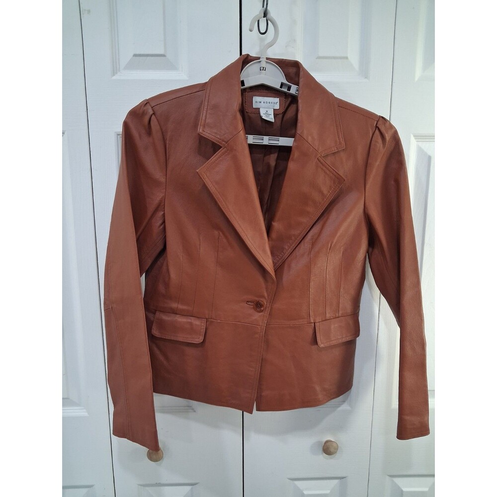 Kim Rogers Cognac Genuine Leather Blazer Fitted Single-Breasted Jacket sz Med